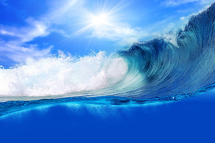 waves digital wallpaper, sea, water, the ocean, sky, blue, splash, HD wallpaper