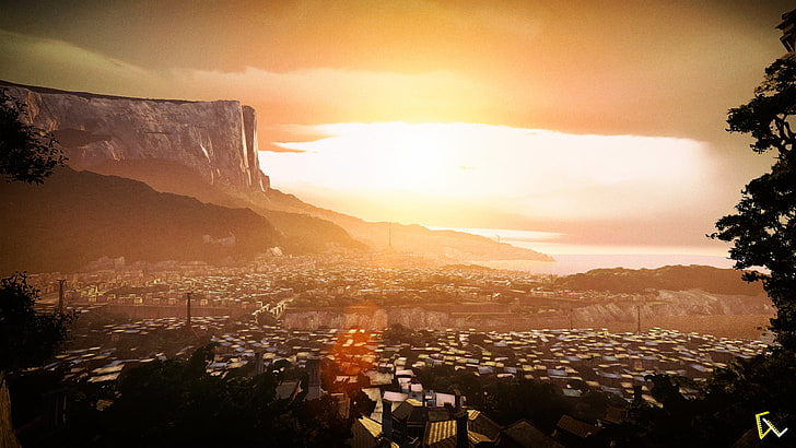 mountain with houses, dishonored 2, video games, karnaca, lens flare
