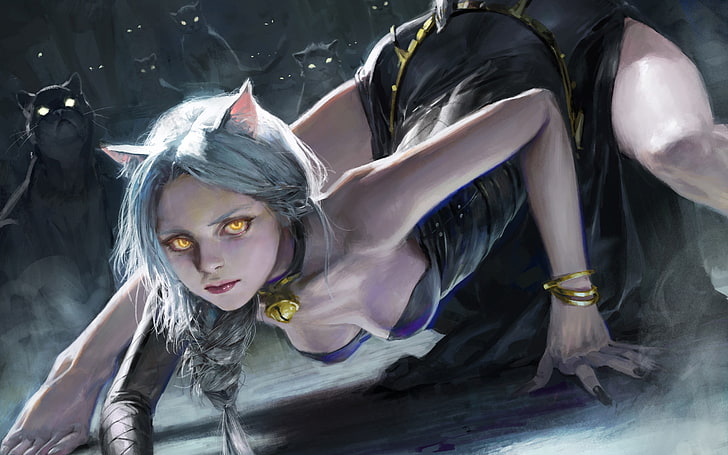 fictional cat woman graphic wallpaper, nekomimi, white hair, yellow eyes