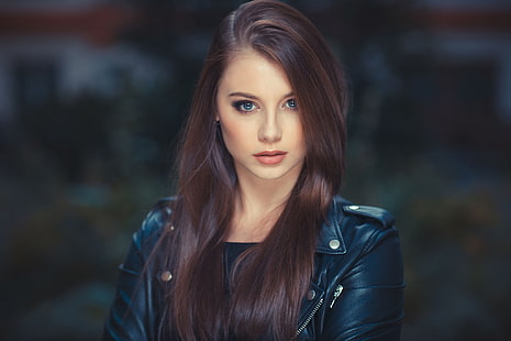 women's black leather jacket, face, portrait, brunette, blue eyes HD wallpaper
