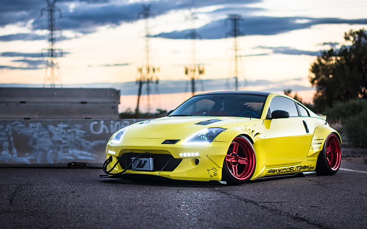 yellow Nissan 350Z coupe, side view, car, sports Car, speed, land Vehicle