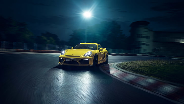 yellow Porsche Carrera, cayman, gt4, side view, sports Car, speed, HD wallpaper