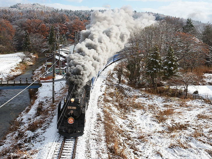 train, nature, railway, winter, vehicle, snow, cold temperature, HD wallpaper