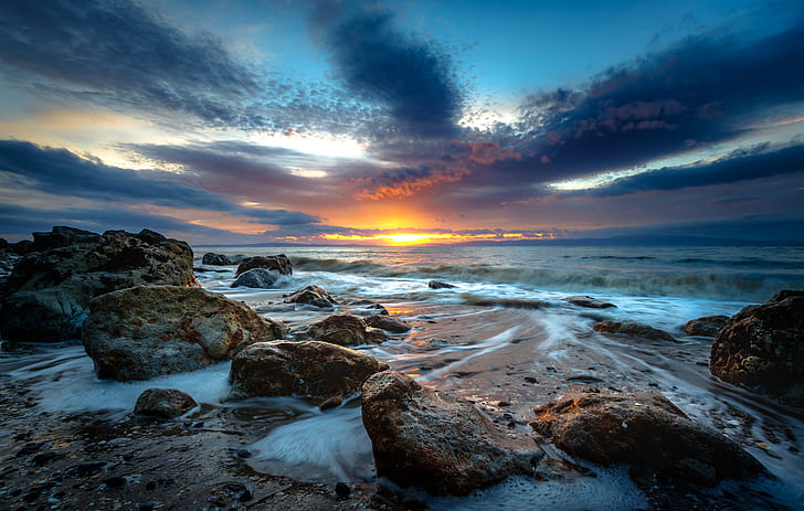 landscape, sunset, coast, HD wallpaper
