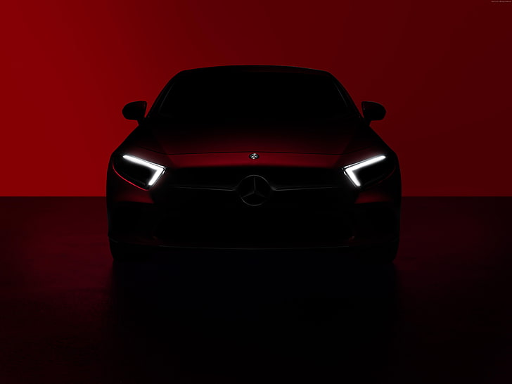 red, Mercedes-Benz CLS, 5K, 2018 Cars, studio shot, colored background