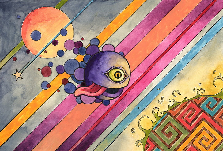 purple one-eyed monster illustration, psychedelic, artwork, surreal, HD wallpaper