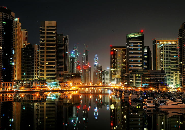 Dubai Night  HD, skyscraper night lights, port, boats, yachts