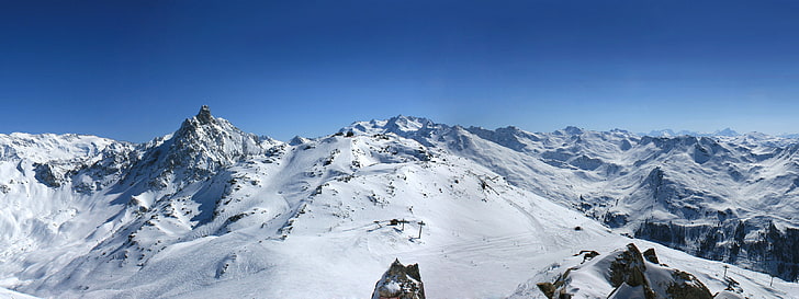 snow, mountains, ski lift, cold temperature, winter, blue, sky, HD wallpaper