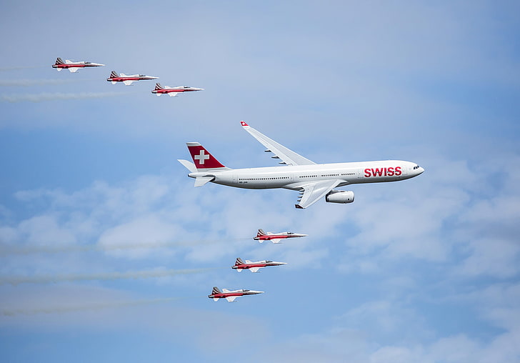 the sky, clouds, the plane, Switzerland, parade, Airbus, The A350, HD wallpaper