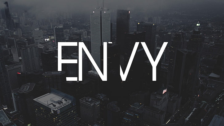 gray concrete building with text overlay, high-rise buildings with grey Envy text overlay, HD wallpaper