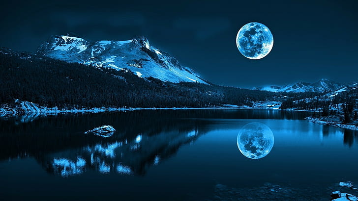 Lake, Moon, Night, Reflection, moon over the lake artwork, HD wallpaper