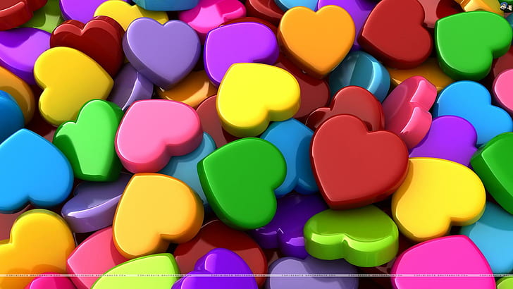 Multi-colored Hearts, nice, shaped, colorful, 3d and abstract, HD wallpaper