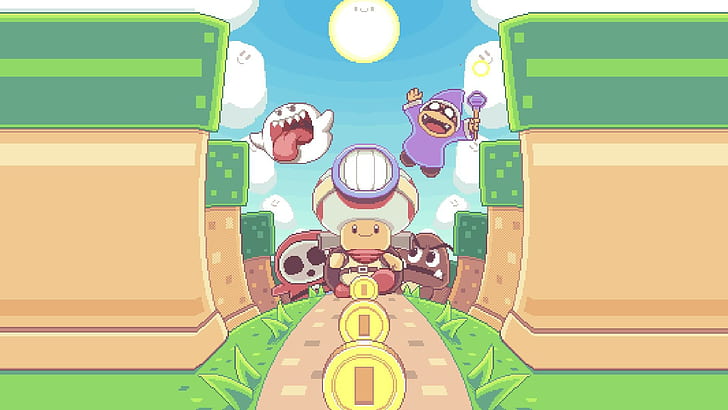 Toad (character), Shy Guy, coins, Sun, clouds, Wizrobe (Mario)