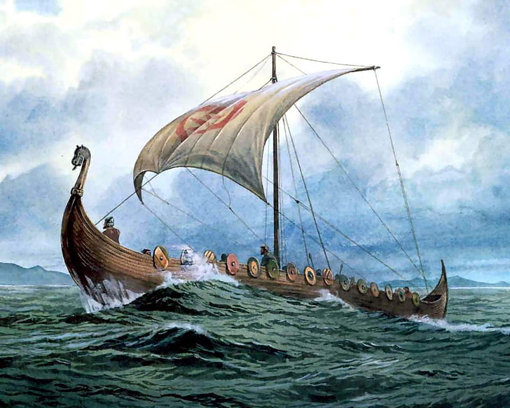 sailing ship, artwork, Vikings, nautical vessel, water, sea