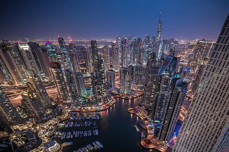 Dubai, city, cityscape, night, skyscraper, HD wallpaper