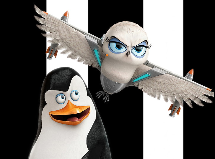Penguins of Madagascar Kowalski and Eva, penguin and owl characters