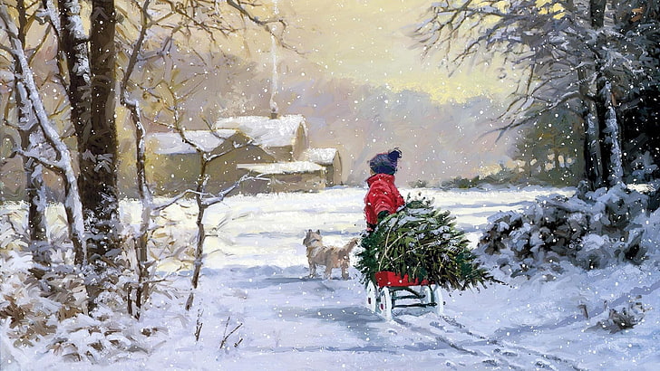 illustration, snow, winter, tree, painting art, snowing, snowfall