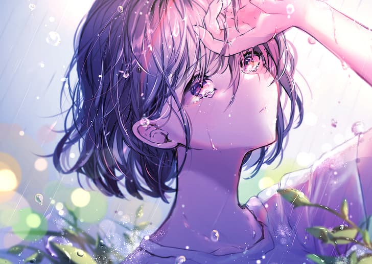 HD wallpaper: anime, anime girls, rain, crying, short hair, purple eyes,  looking away | Wallpaper Flare