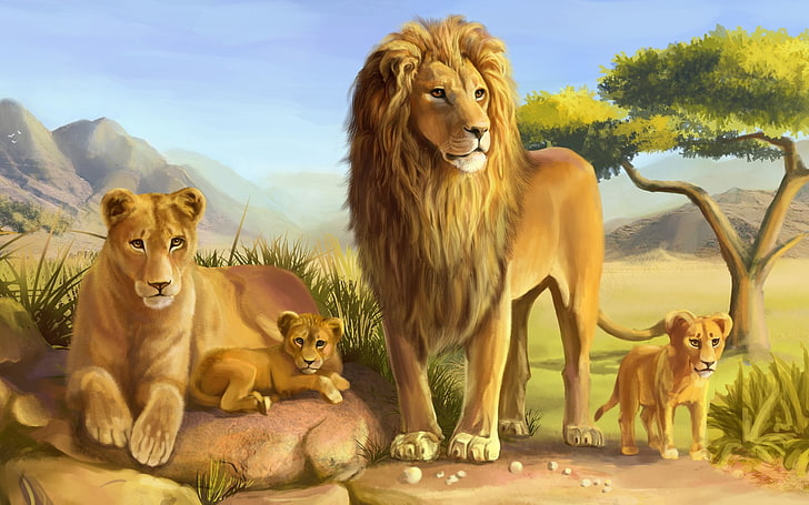 lion, lioness, and two lion cubs at grass field painting, Cats