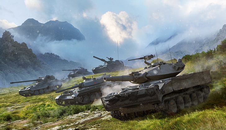 The sky, Clouds, Mountains, Grass, Tanks, WoT, World Of Tanks HD wallpaper