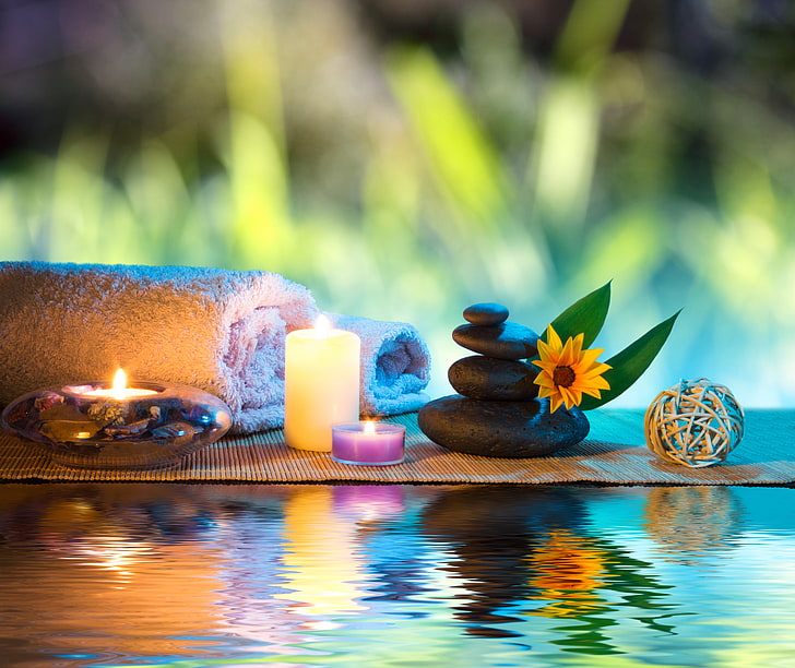 beige pillar candle, flower, water, candles, Spa, Spa stones, HD wallpaper