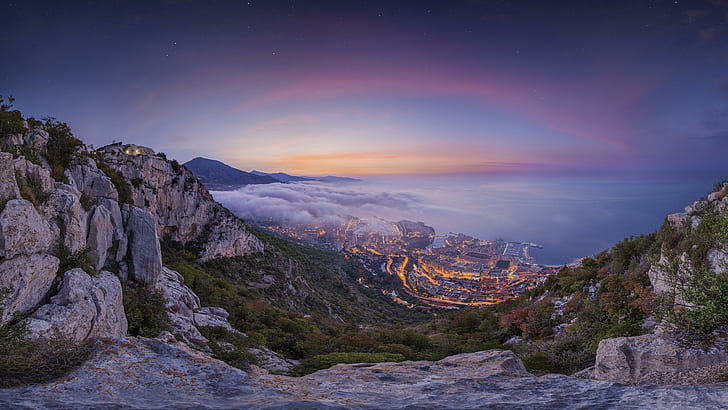 monaco, monte carlo, sunrise, night sky, vista, view, panorama, HD wallpaper