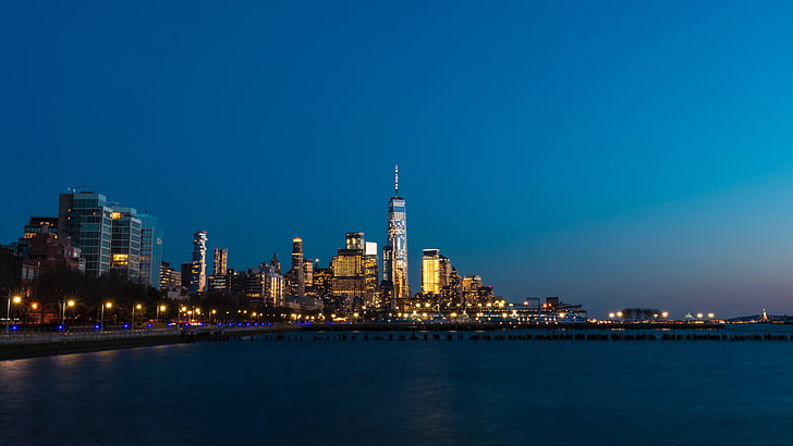 body of water, city, New York City, USA, lights, urban Skyline