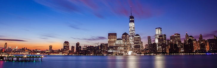 brown and white buildings, New York City, lights, sunset, reflection, HD wallpaper