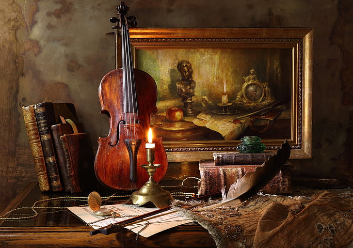 style, pen, violin, watch, books, candle, picture, still life