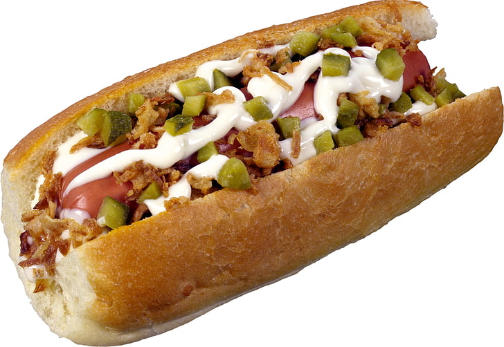 hotdog sandwich with spread, sausage, biscuit, gravy, hot Dog
