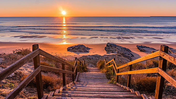 wood, europe, portugal, beach, dusk, boardwalk, sunlight, dawn