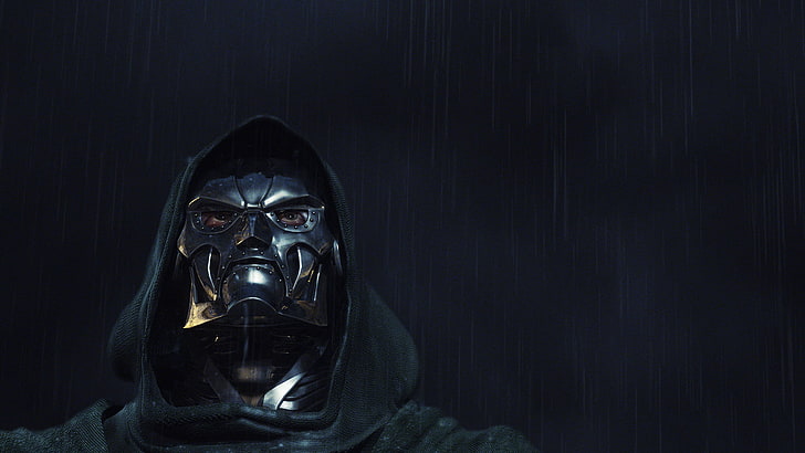 black mask, Dr. Doom, Marvel Comics, rain, villains, black background