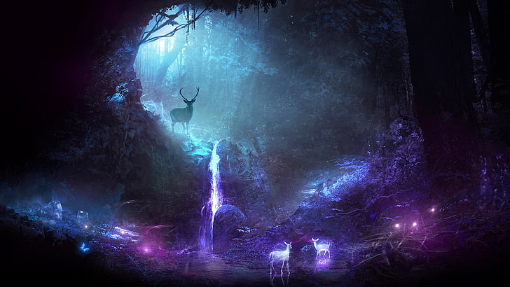 silhouette of deer illustration, animals, night, waterfall, tree