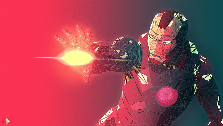 Iron Man, red, simple background, digital art, polygon art