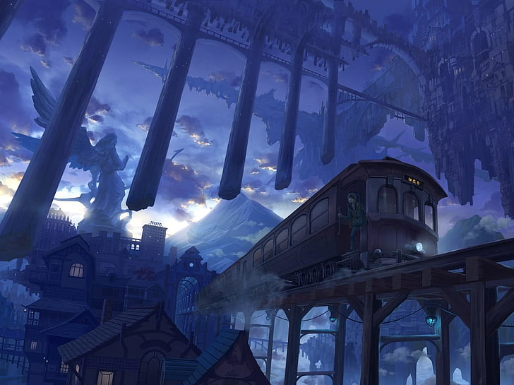 train on railroad bridge illustration, anime, vehicle, built structure, HD wallpaper