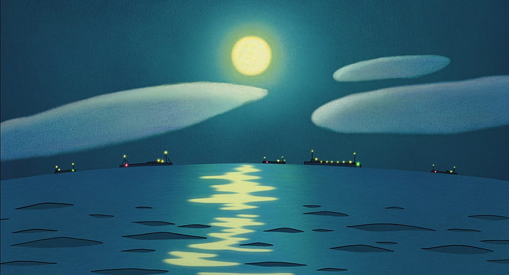 full moon and white clouds painting, anime, water, sky, no people