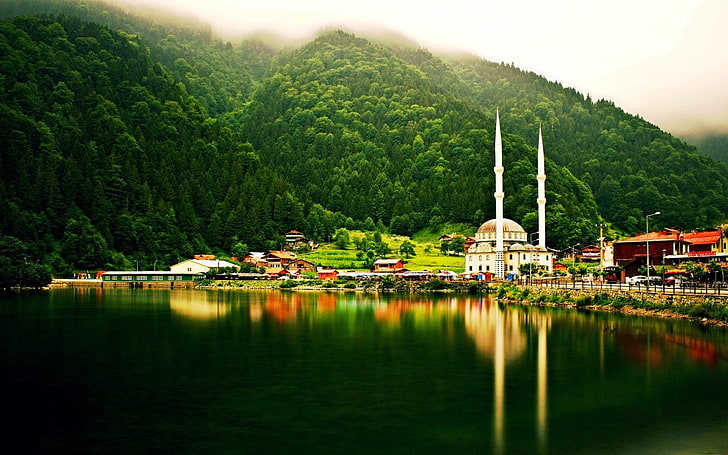 forest, Hills, lake, landscape, mist, Mosque, nature, Trabzon