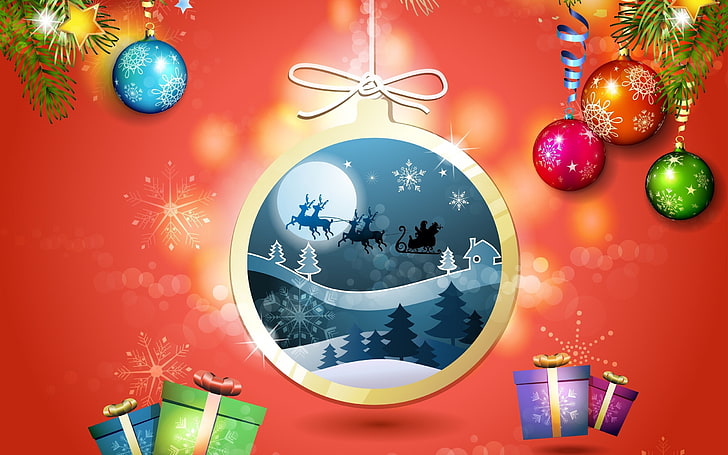 New Year, snow, Christmas ornaments, presents, Christmas sleigh