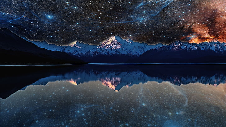 body of water wallpaper, nebula, lake, space, stars, reflection