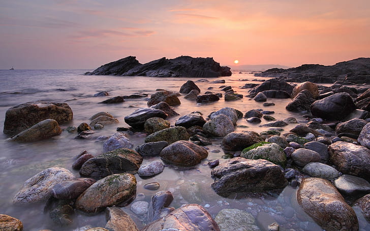 Beach sunset, sky, sun, sea, stones, HD wallpaper