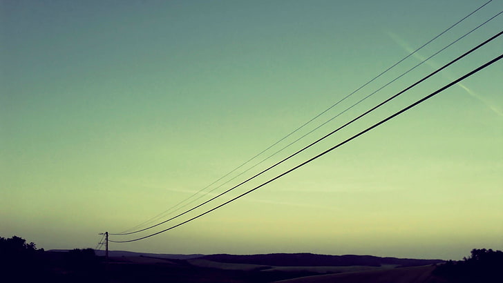 silhouette of cable wire, power lines, dusk, landscape, sky, hills, HD wallpaper