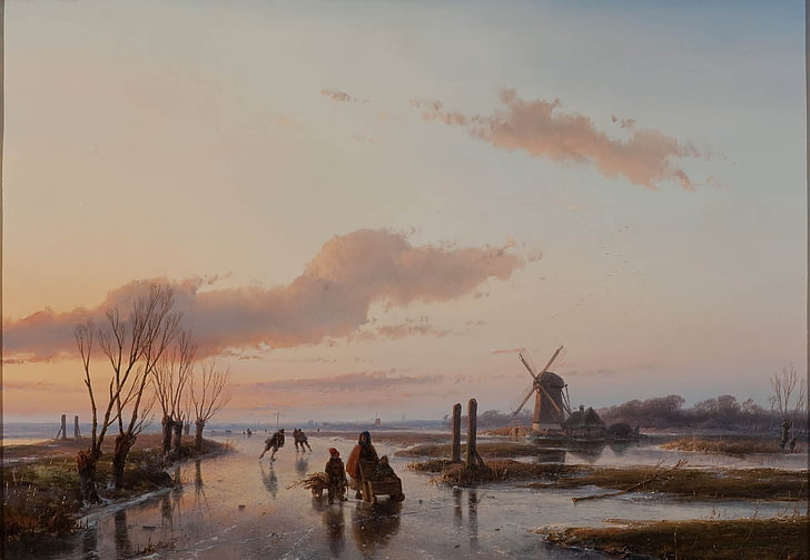 windmill near body of water under cloudy sky painting, classic art