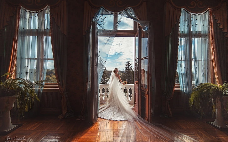 women's white bridal gown, wedding dress, brides, event, architecture, HD wallpaper