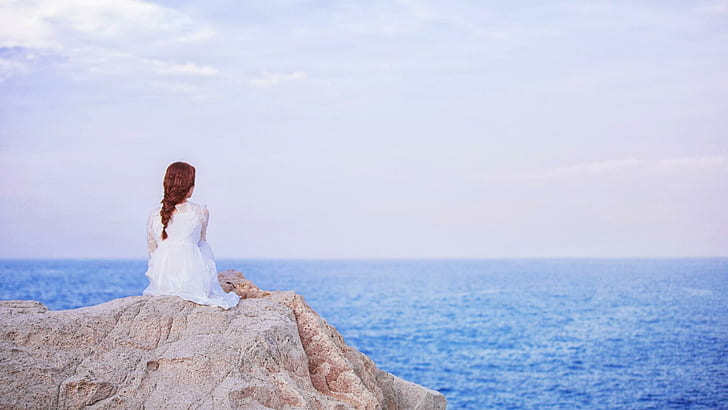 Silhouette, sea, girl, watching the sea, waiting, non-mainstream alone, women's white dress, HD wallpaper
