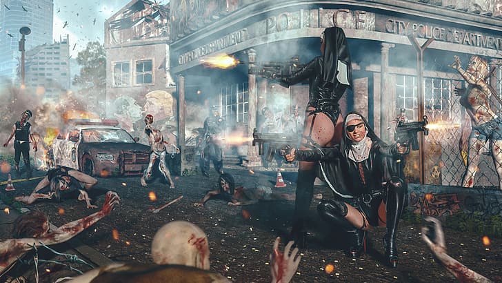 the city, weapons, girls, the situation, zombies, fight, photoart, HD wallpaper