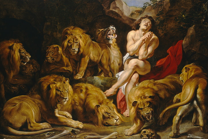 man surrounded by lion and lioness painting, animals, picture