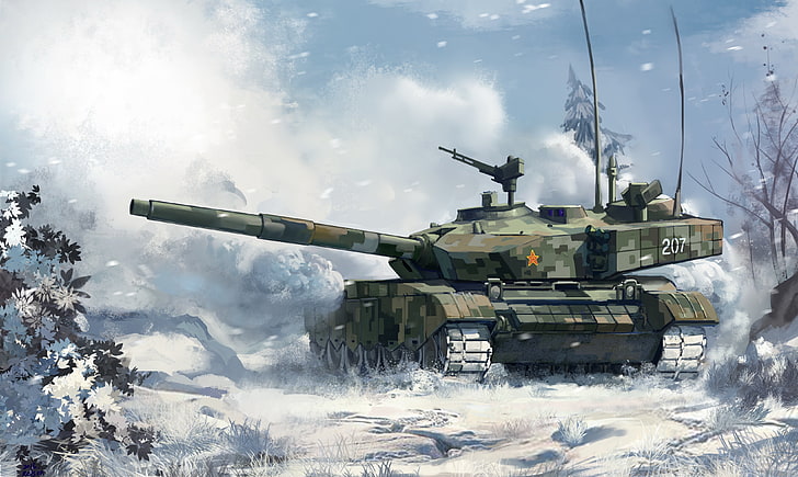 winter, forest, snow, figure, art, tank, combat, Chinese, main
