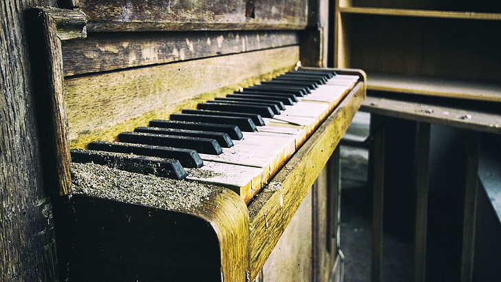 brown upright piano, old, dust, keys, music, musical Instrument