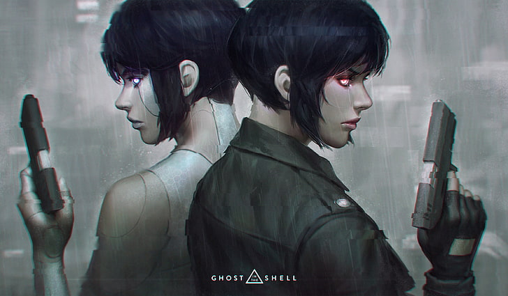 two women illustration, Ghost in the Shell, cyborg, gun, blue hair, HD wallpaper