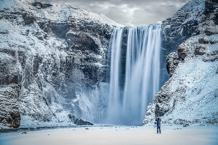 person standing front of skogafoss in iceland, photographer, II, HD wallpaper